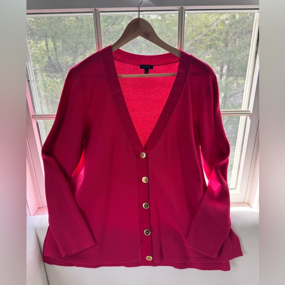Talbots Boyfriend Cardigan Sweater L Fuchsia Pink V-Neck Button Front